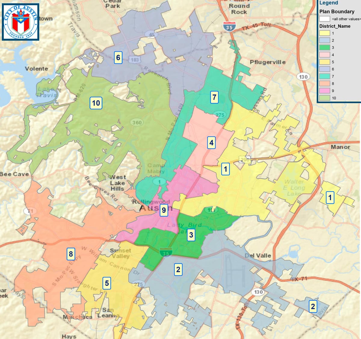 la carte de ville d'Austin conseil de district