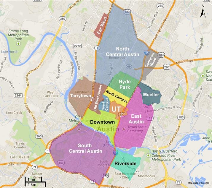 la carte de Austin quartiers